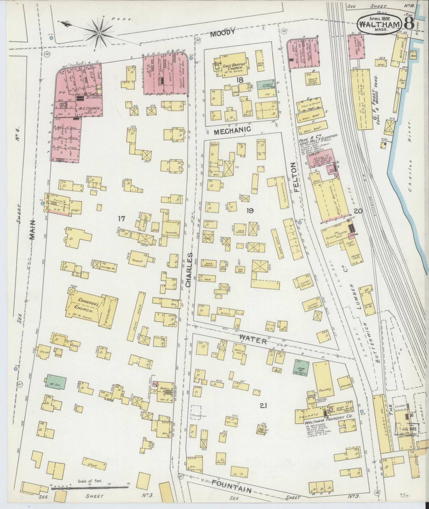 Sanborn Fire Insurance Map from Waltham, Middlesex County, Massachusetts (1892), Sheet #0008 - Historic Sanborn Fire Insurance Map Print, vintage old map wall art, antique decor, genealogy gift, Massachusetts Massachusetts map