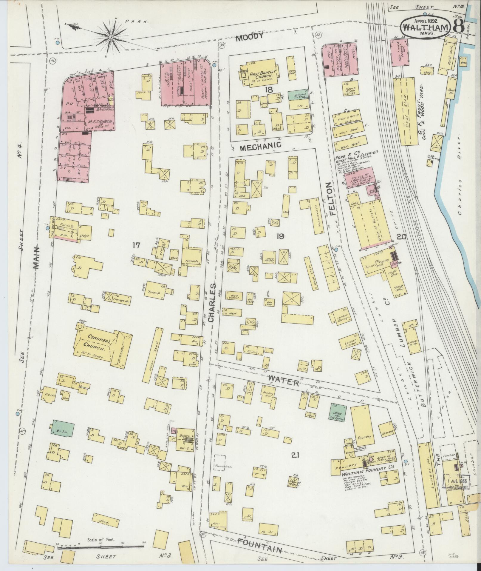 Sanborn Fire Insurance Map from Waltham, Middlesex County, Massachusetts (1892), Sheet #0008 - Historic Sanborn Fire Insurance Map Print, vintage old map wall art, antique decor, genealogy gift, Massachusetts Massachusetts map