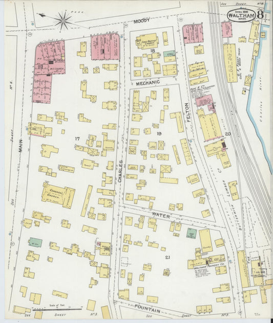 Sanborn Fire Insurance Map from Waltham, Middlesex County, Massachusetts (1892), Sheet #0008 - Historic Sanborn Fire Insurance Map Print, vintage old map wall art, antique decor, genealogy gift, Massachusetts Massachusetts map