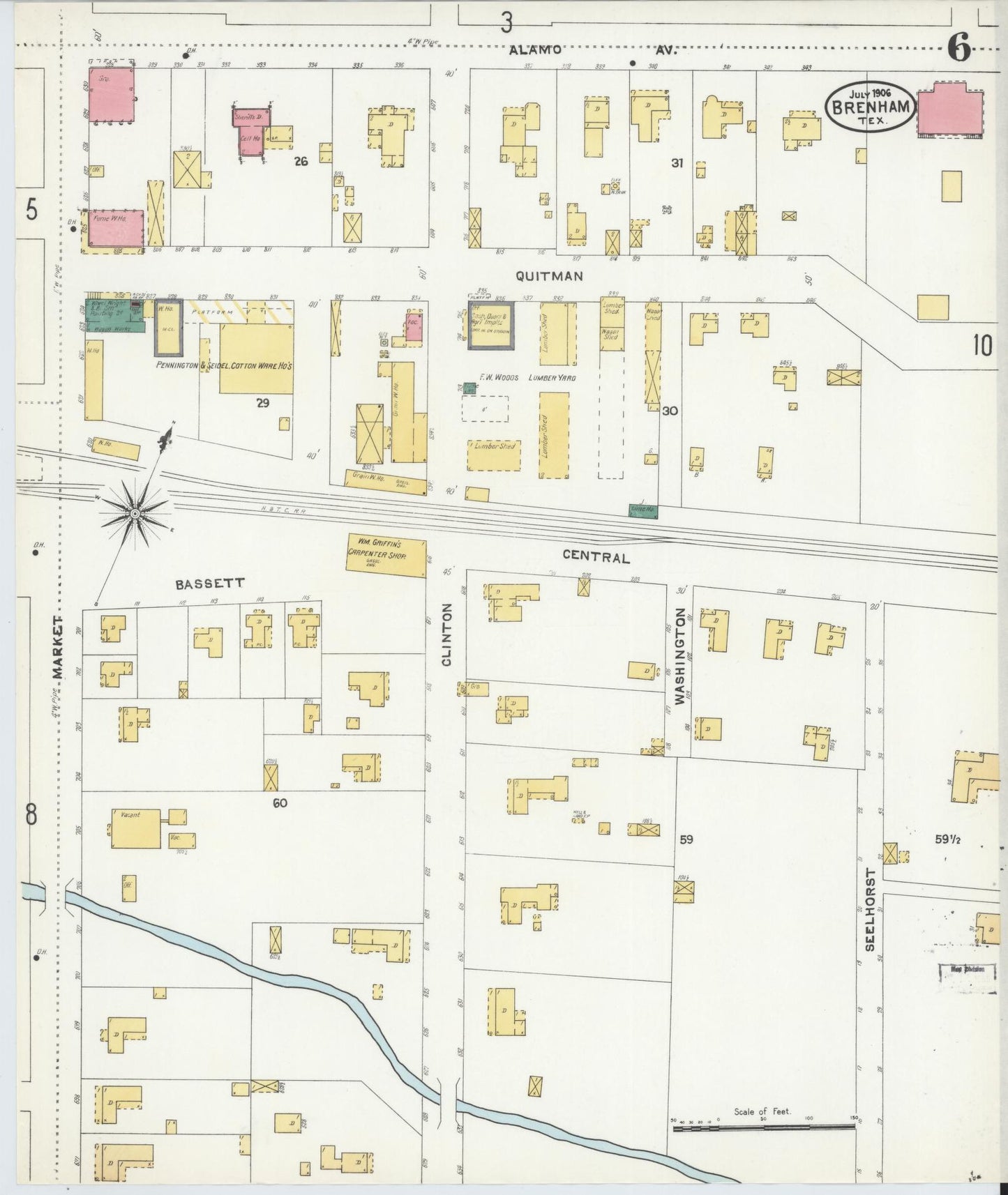 Sanborn Fire Insurance Map from Brenham, Washington County, Texas (1906), Sheet #0006 - Historic Sanborn Fire Insurance Map Print, vintage old map wall art, antique decor, genealogy gift, Texas Texas map