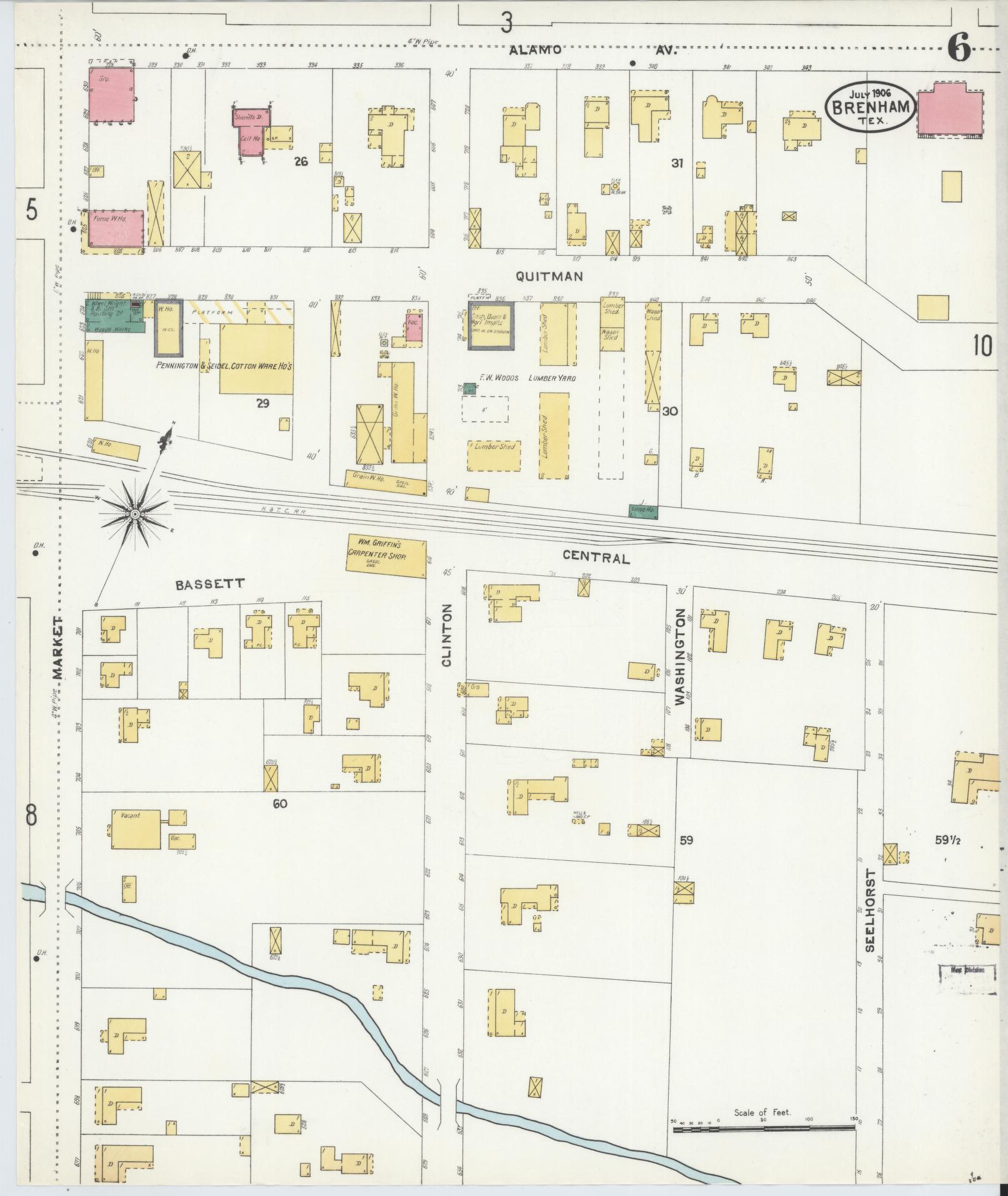 Sanborn Fire Insurance Map from Brenham, Washington County, Texas (1906), Sheet #0006 - Historic Sanborn Fire Insurance Map Print, vintage old map wall art, antique decor, genealogy gift, Texas Texas map