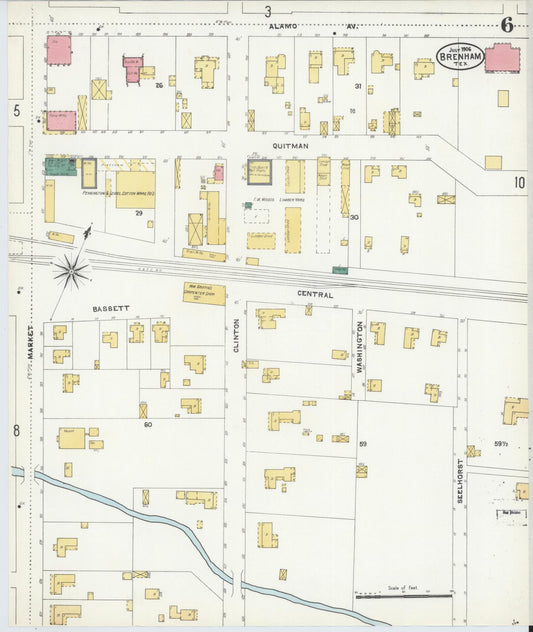 Sanborn Fire Insurance Map from Brenham, Washington County, Texas (1906), Sheet #0006 - Historic Sanborn Fire Insurance Map Print, vintage old map wall art, antique decor, genealogy gift, Texas Texas map