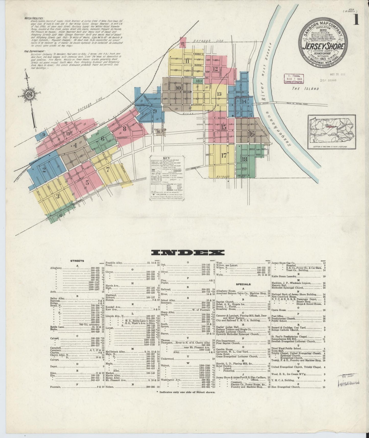 Sanborn Fire Insurance Map from Jersey Shore, Lycoming County, Pennsylvania (1913), Sheet #0001 - Historic Sanborn Fire Insurance Map Print, vintage old map wall art, antique decor, genealogy gift, Pennsylvania Pennsylvania map