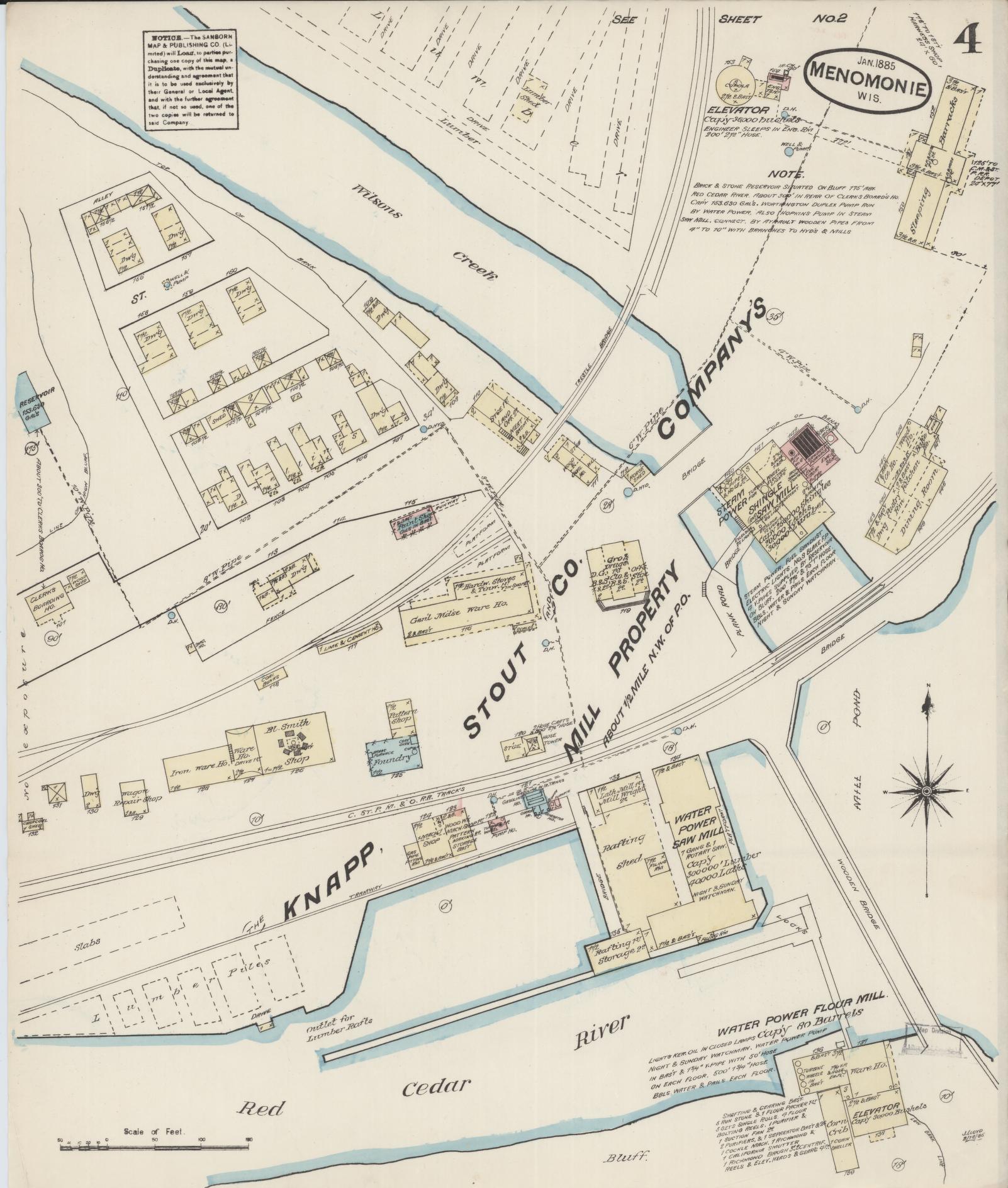 Sanborn Fire Insurance Map from Menomonie, Dunn County, Wisconsin (1885), Sheet #0004 - Historic Sanborn Fire Insurance Map Print, vintage old map wall art, antique decor, genealogy gift, Wisconsin Wisconsin map