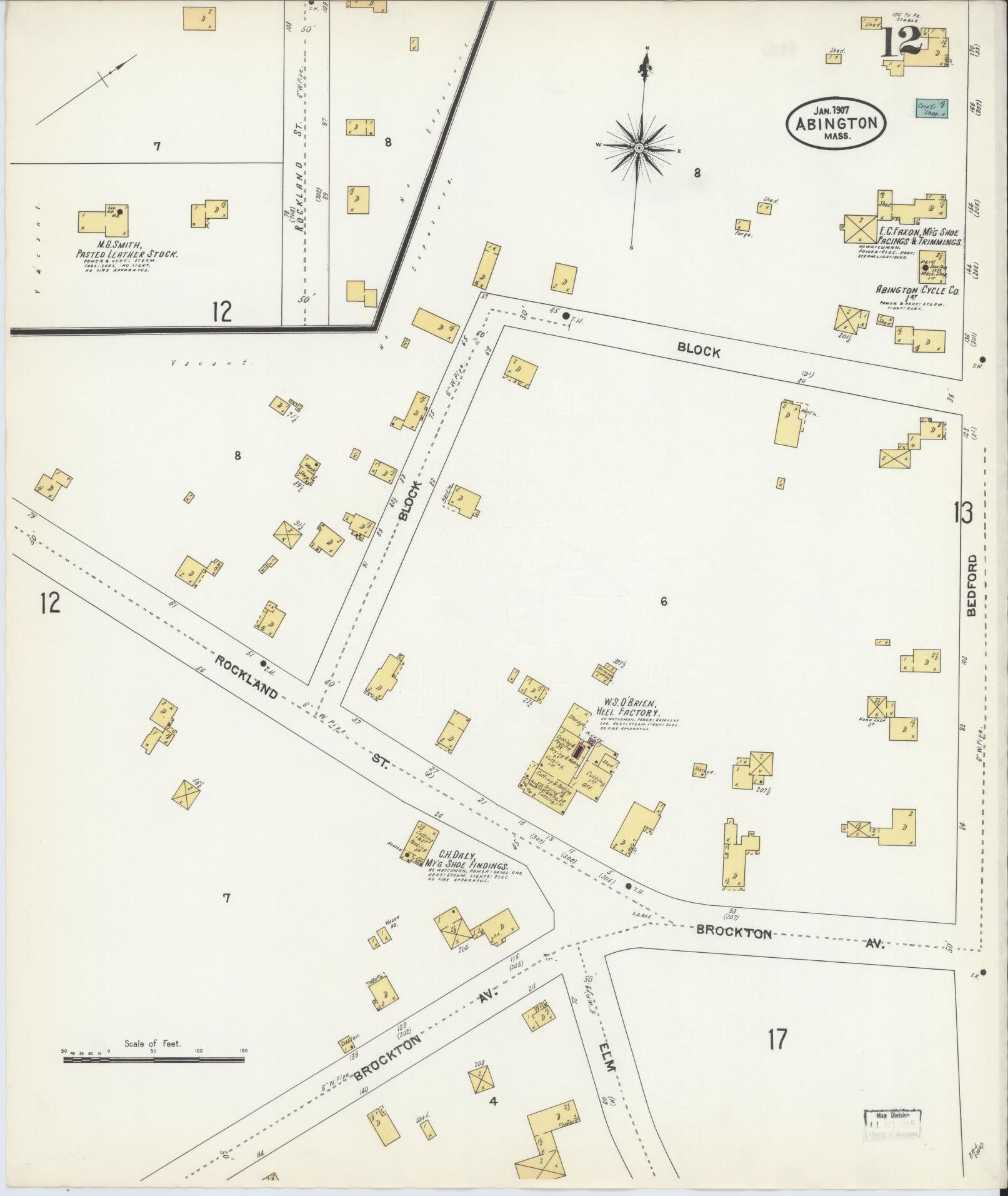 Sanborn Fire Insurance Map from Abington, Plymouth County, Massachusetts (1907), Sheet #0012 - Complete Map Set gallery image, historic Sanborn map, vintage wall art, Massachusetts Massachusetts