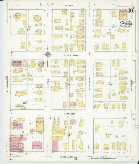 Sanborn Fire Insurance Map from Owosso, Shiawassee County, Michigan (1915), Sheet #0010 - Historic Sanborn Fire Insurance Map Print, vintage old map wall art, antique decor, genealogy gift, Michigan Michigan map