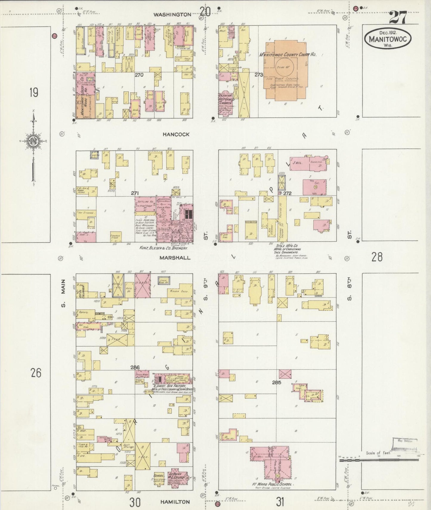 Sanborn Fire Insurance Map from Manitowoc, Manitowoc County, Wisconsin (1912), Sheet #0027 - Complete Map Set gallery image, historic Sanborn map, vintage wall art, Wisconsin Wisconsin