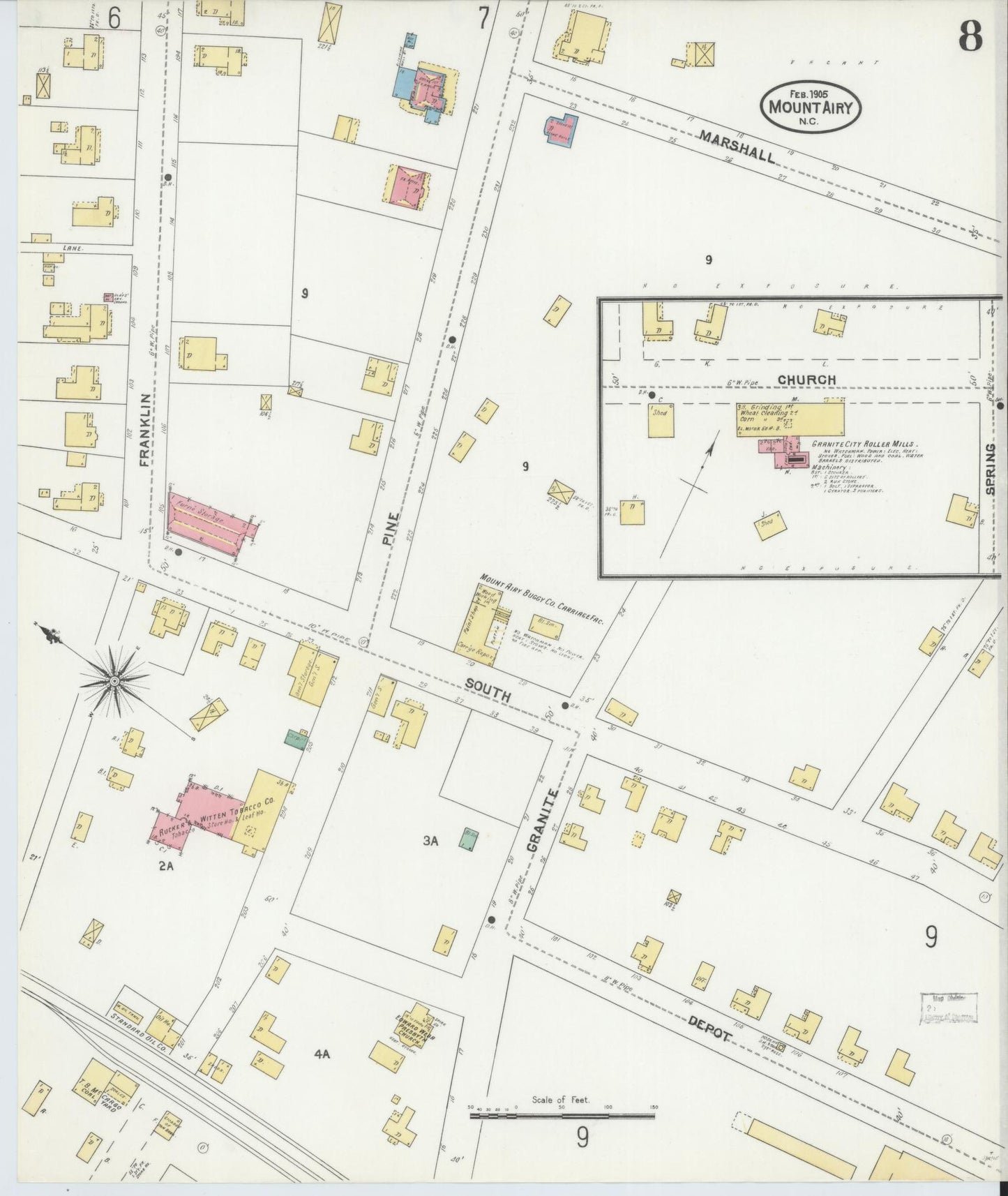 Sanborn Fire Insurance Map from Mount Airy, Surry County, North Carolina (1905), Sheet #0008 - Complete Map Set gallery image, historic Sanborn map, vintage wall art, North Carolina North Carolina