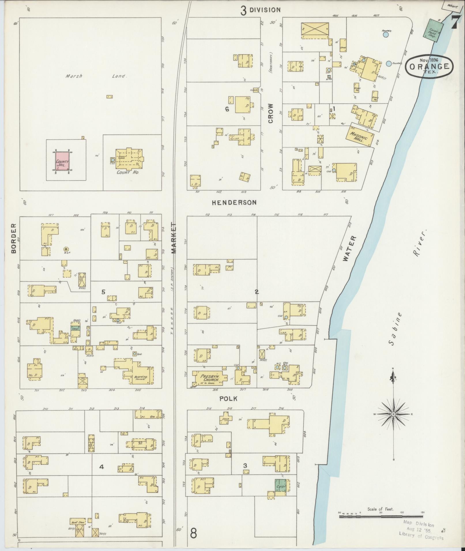 Sanborn Fire Insurance Map from Orange, Orange County, Texas (1896), Sheet #0007 - Complete Map Set gallery image, historic Sanborn map, vintage wall art, Texas Texas