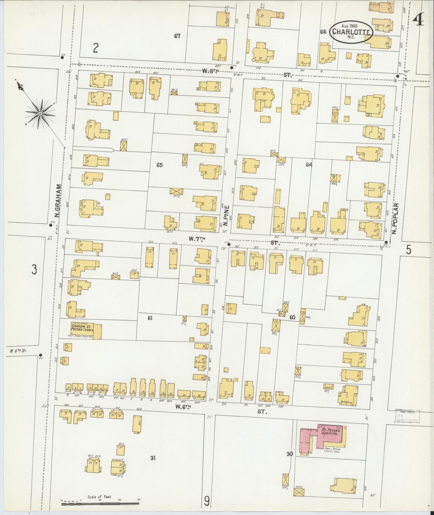 Sanborn Fire Insurance Map from Charlotte, Mecklenburg County, North Carolina (1900), Sheet #0004 - Historic Sanborn Fire Insurance Map Print, vintage old map wall art, antique decor, genealogy gift, North Carolina North Carolina map