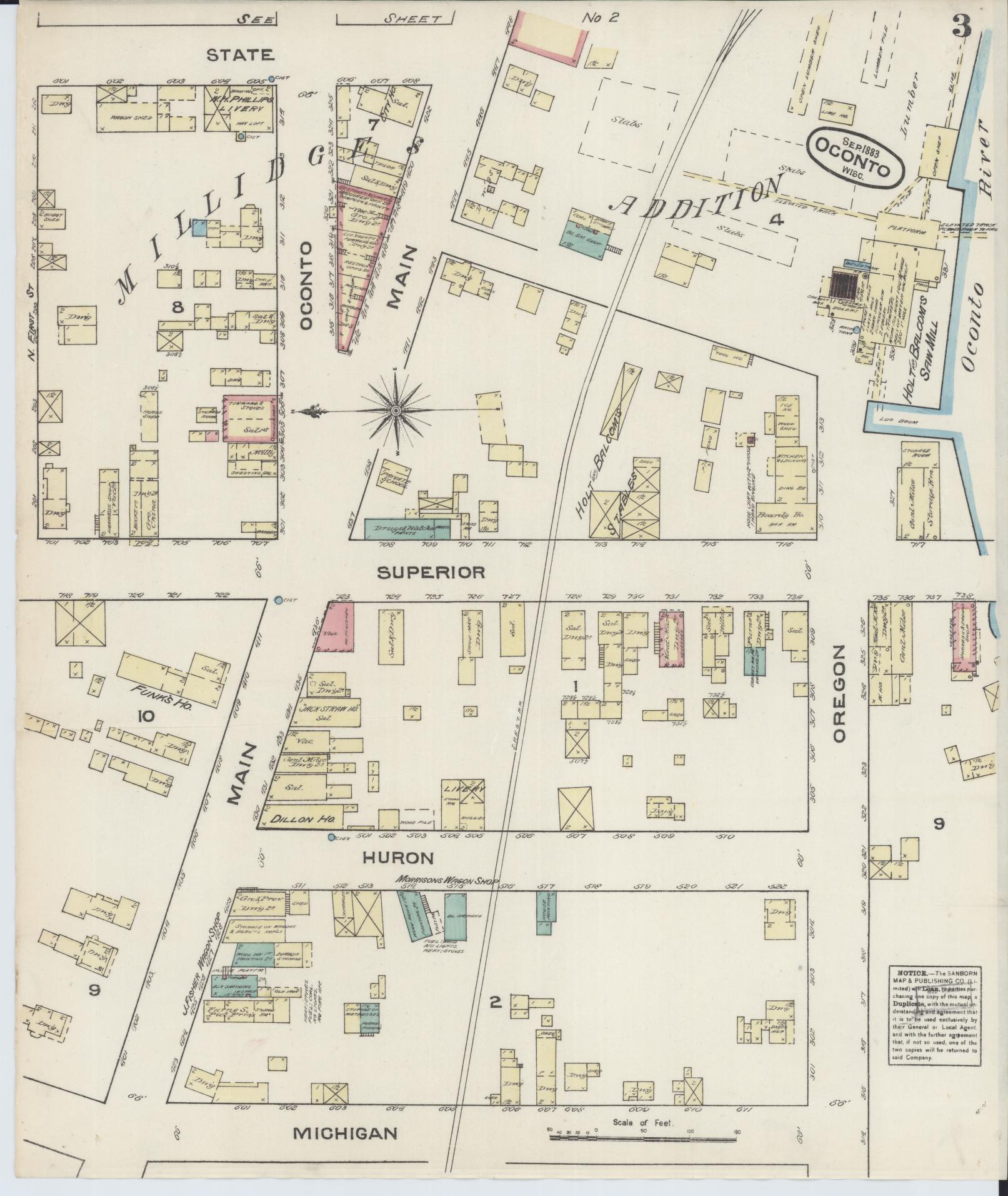 Sanborn Fire Insurance Map from Oconto, Oconto County, Wisconsin (1883), Sheet #0003 - Historic Sanborn Fire Insurance Map Print, vintage old map wall art, antique decor, genealogy gift, Wisconsin Wisconsin map