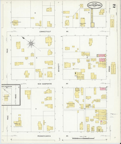 Sanborn Fire Insurance Map from Southern Pines, Moore County, North Carolina (1909), Sheet #0002 - Historic Sanborn Fire Insurance Map Print, vintage old map wall art, antique decor, genealogy gift, North Carolina North Carolina map