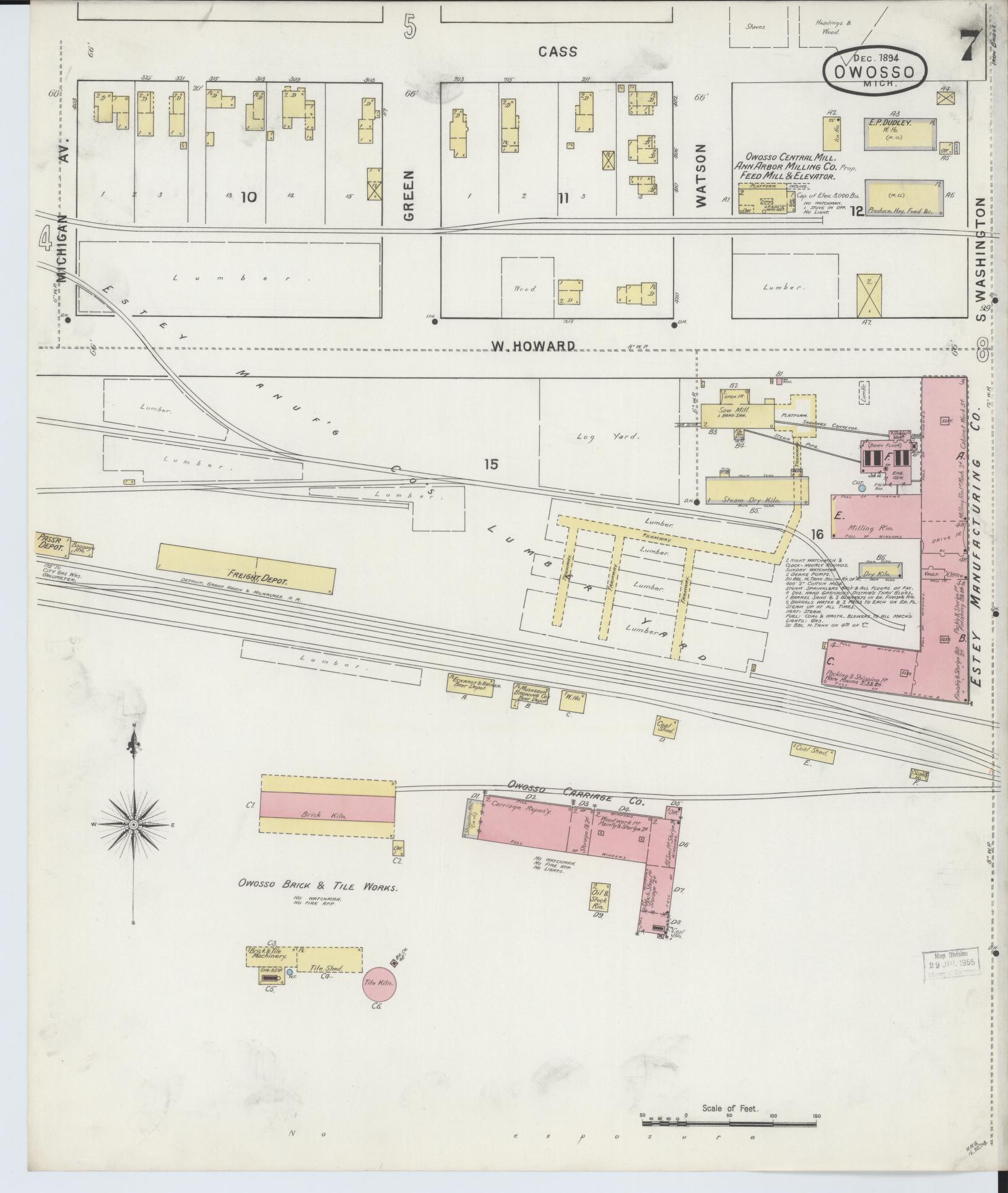 Sanborn Fire Insurance Map from Owosso, Shiawassee County, Michigan (1894), Sheet #0007 - Historic Sanborn Fire Insurance Map Print, vintage old map wall art, antique decor, genealogy gift, Michigan Michigan map