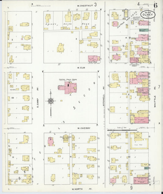 Sanborn Fire Insurance Map from Olney, Richland County, Illinois (1910), Sheet #0006 - Historic Sanborn Fire Insurance Map Print, vintage old map wall art, antique decor, genealogy gift, Illinois Illinois map