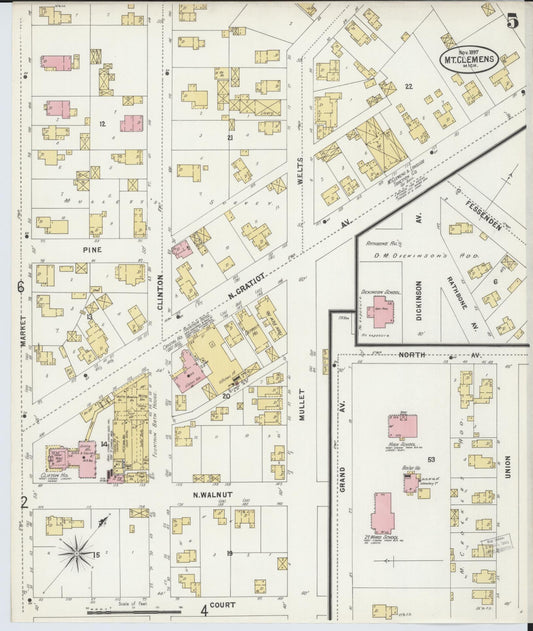 Sanborn Fire Insurance Map from Mount Clemens, Macomb County, Michigan (1897), Sheet #0005 - Historic Sanborn Fire Insurance Map Print, vintage old map wall art, antique decor, genealogy gift, Michigan Michigan map