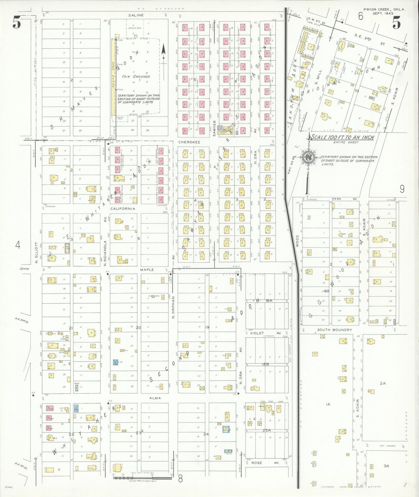 Sanborn Fire Insurance Map from Pryor Creek, Mayes County, Oklahoma (1943), Sheet #0005 - Historic Sanborn Fire Insurance Map Print, vintage old map wall art, antique decor, genealogy gift, Oklahoma Oklahoma map