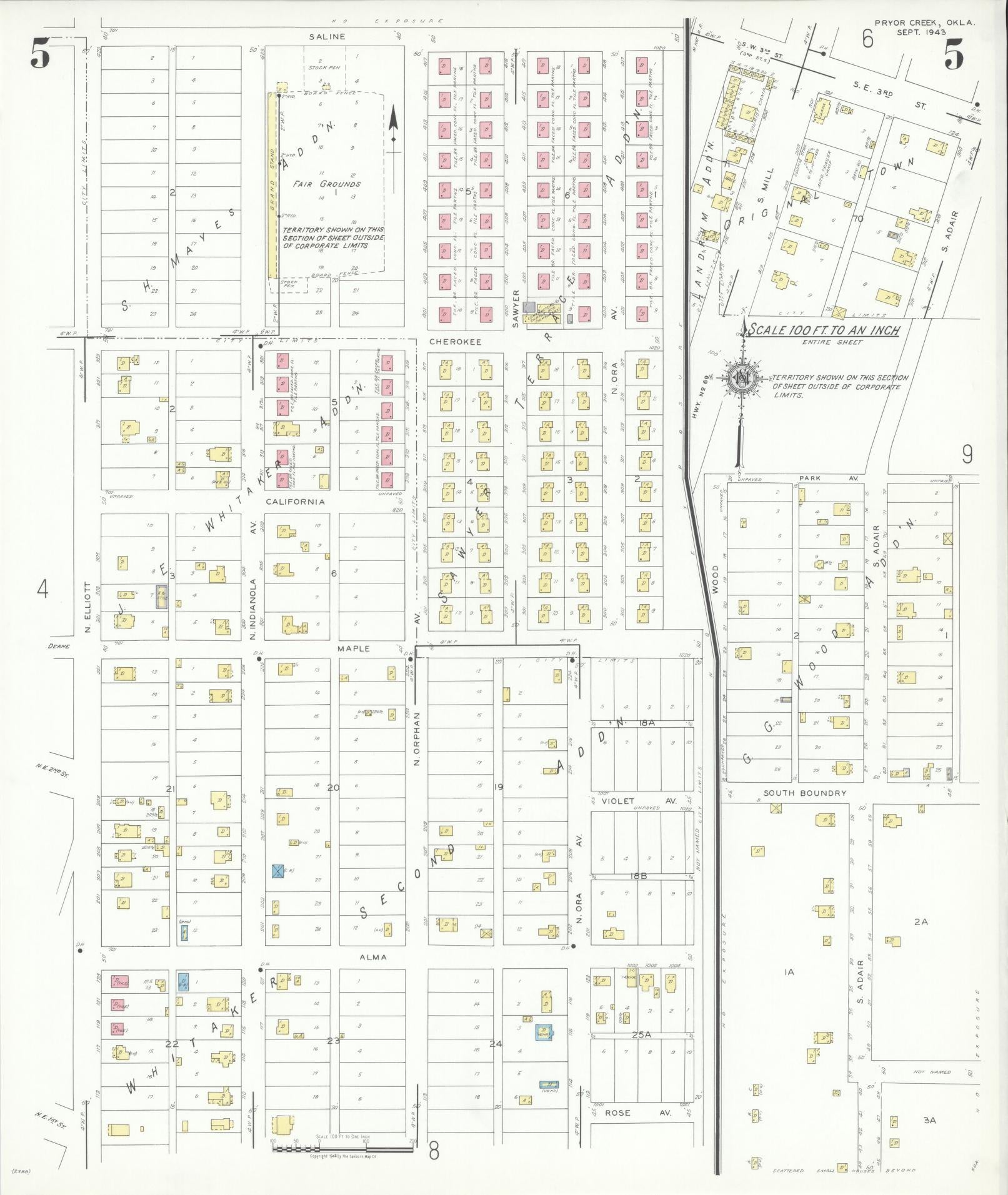 Sanborn Fire Insurance Map from Pryor Creek, Mayes County, Oklahoma (1943), Sheet #0005 - Historic Sanborn Fire Insurance Map Print, vintage old map wall art, antique decor, genealogy gift, Oklahoma Oklahoma map