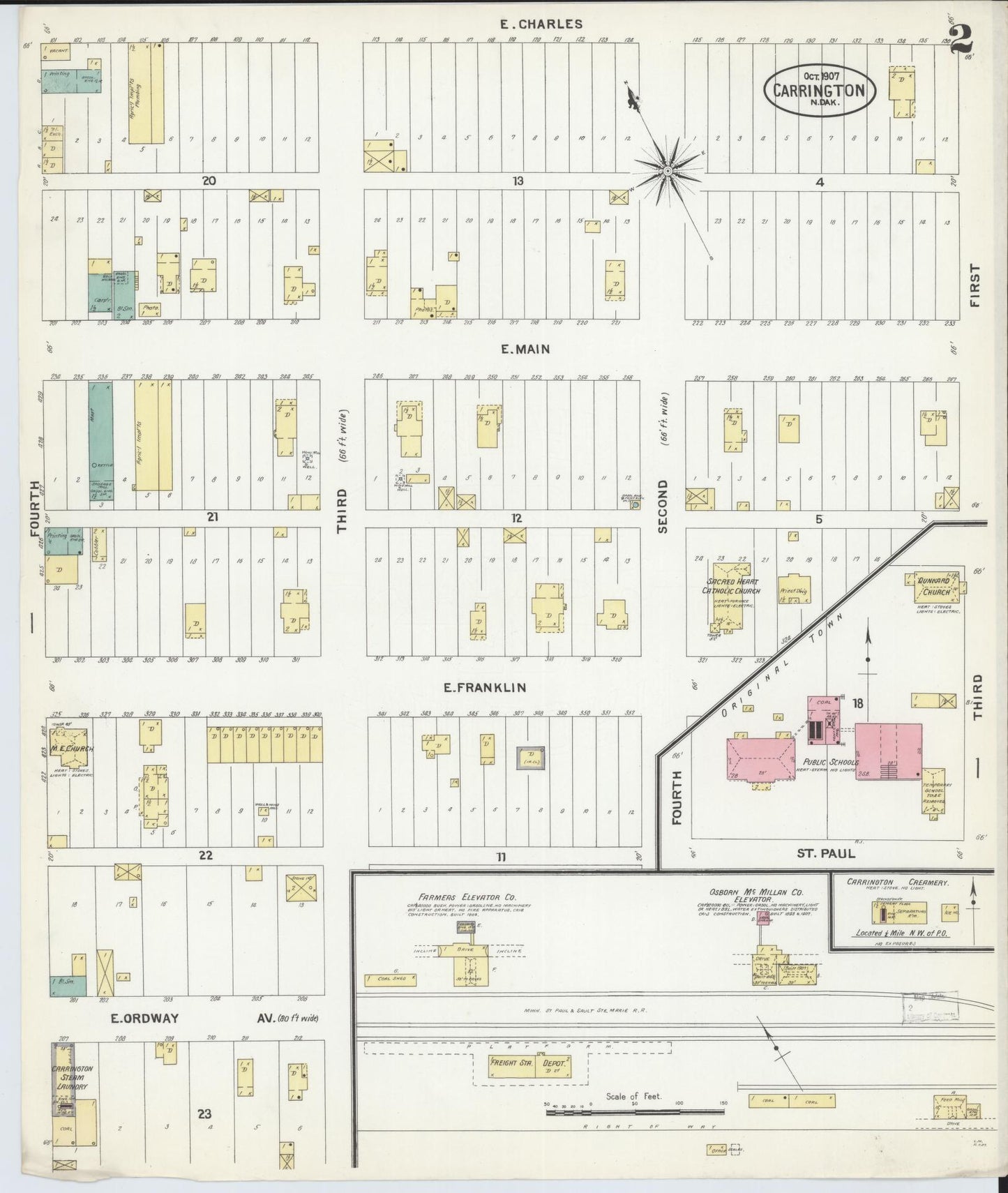 Sanborn Fire Insurance Map from Carrington, Foster County, North Dakota (1907), Sheet #0002 - Complete Map Set gallery image, historic Sanborn map, vintage wall art, North Dakota North Dakota