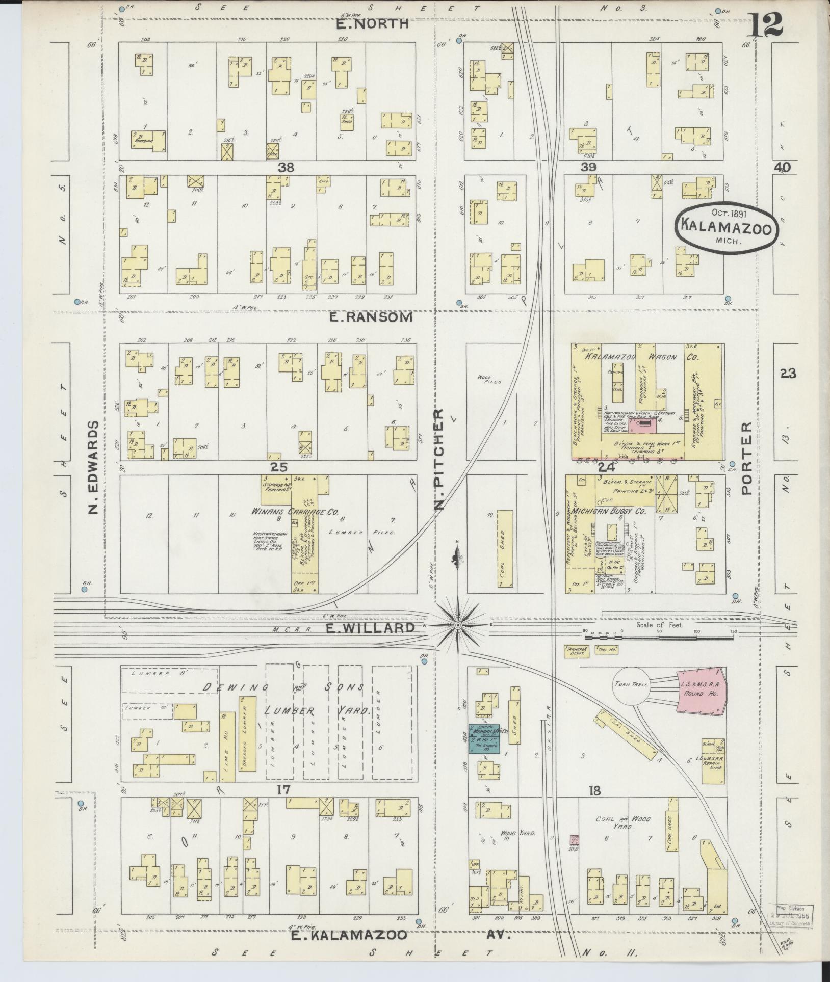 Sanborn Fire Insurance Map from Kalamazoo, Kalamazoo County, Michigan (1891), Sheet #0012 - Complete Map Set gallery image, historic Sanborn map, vintage wall art, Michigan Michigan
