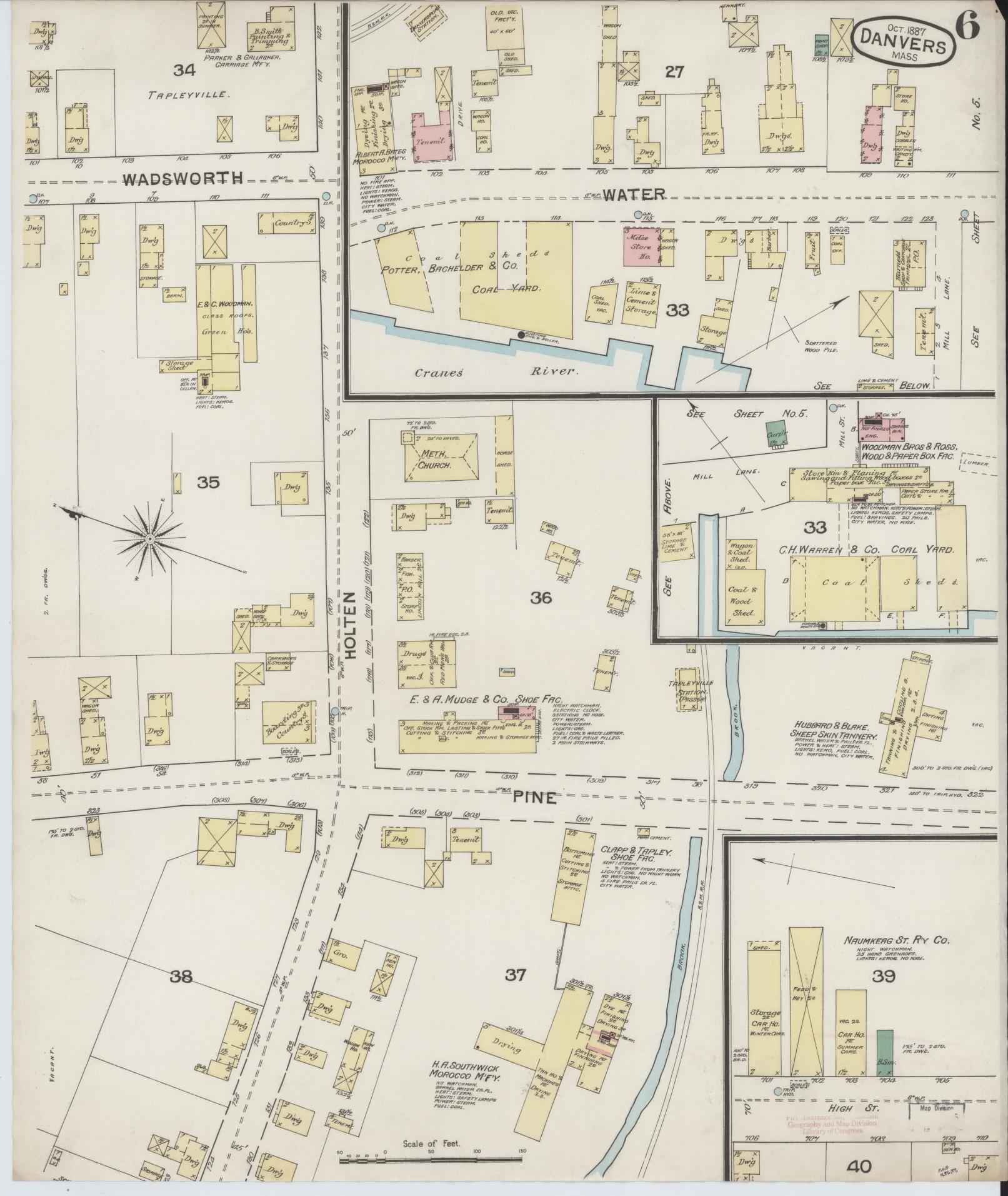 Sanborn Fire Insurance Map from Danvers, Essex County, Massachusetts (1887), Sheet #0006 - Historic Sanborn Fire Insurance Map Print, vintage old map wall art, antique decor, genealogy gift, Massachusetts Massachusetts map