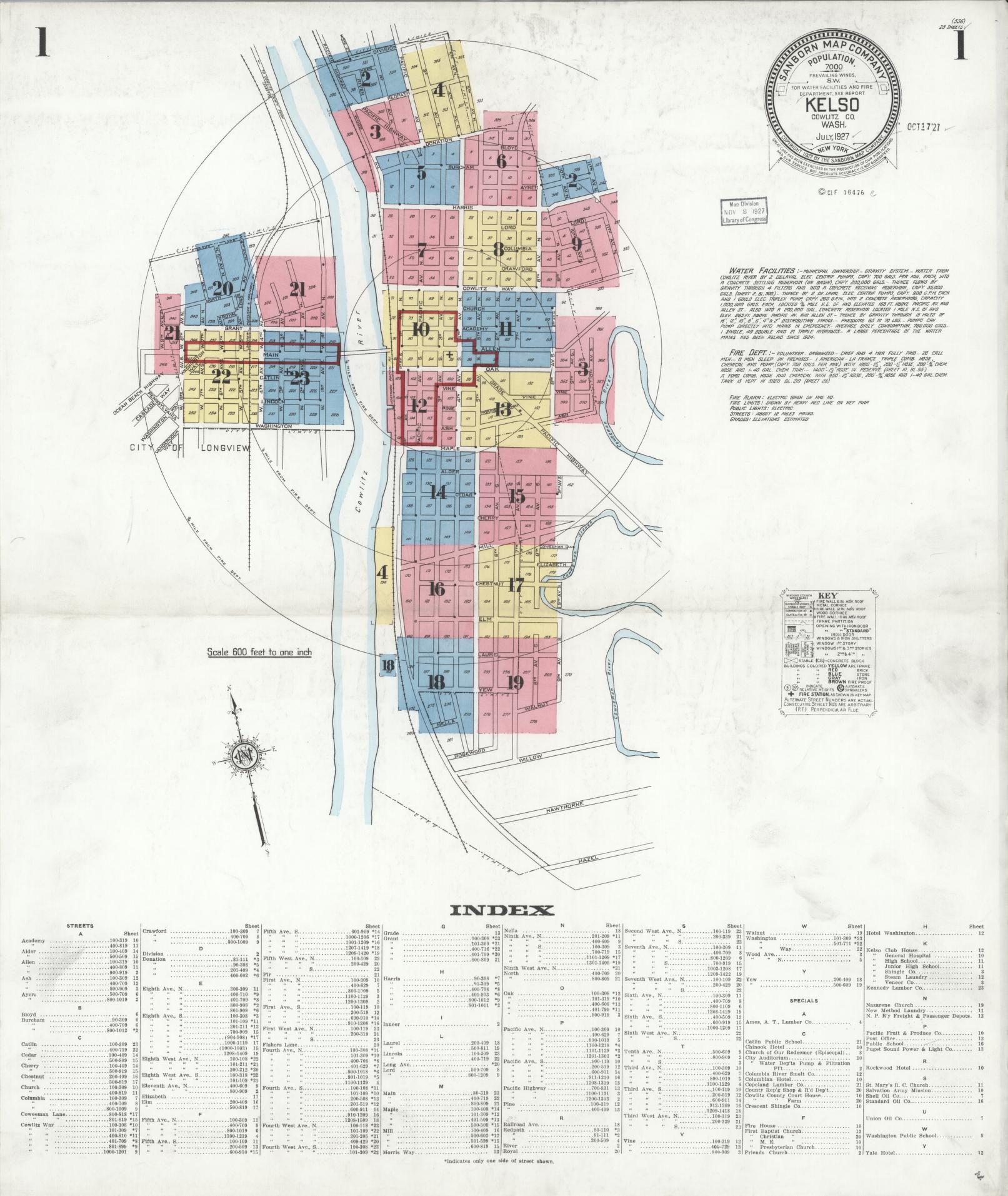 Sanborn Fire Insurance Map from Kelso, Cowlitz County, Washington (1927), Sheet #0001 - Historic Sanborn Fire Insurance Map Print, vintage old map wall art, antique decor, genealogy gift, Washington Washington map