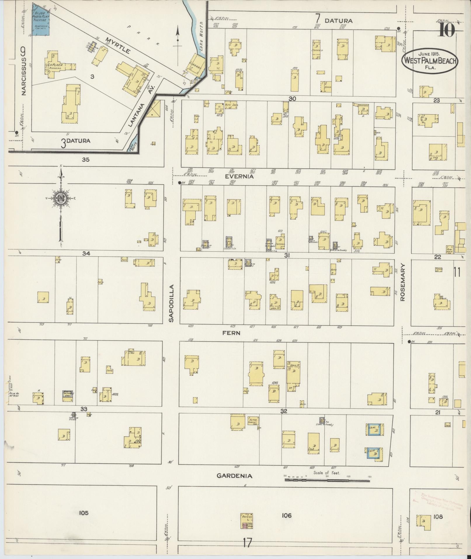 Sanborn Fire Insurance Map from West Palm Beach, Dade County, Florida (1915), Sheet #0010 - Complete Map Set gallery image, historic Sanborn map, vintage wall art, Florida Florida