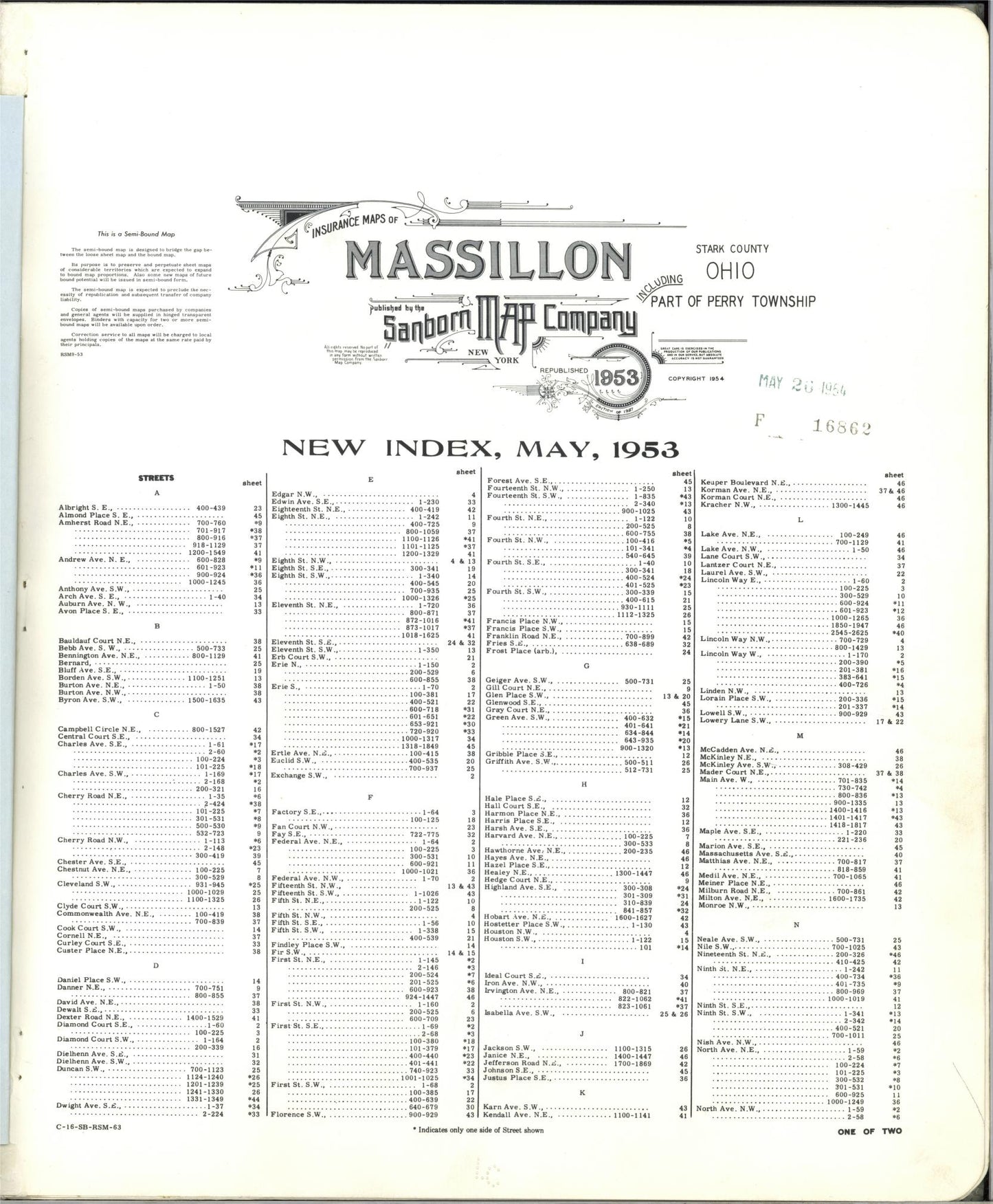 Sanborn Fire Insurance Map from Massillon, Stark County, Ohio (1953), Sheet #0001 - Historic Sanborn Fire Insurance Map Print, vintage old map wall art, antique decor, genealogy gift, Ohio Ohio map