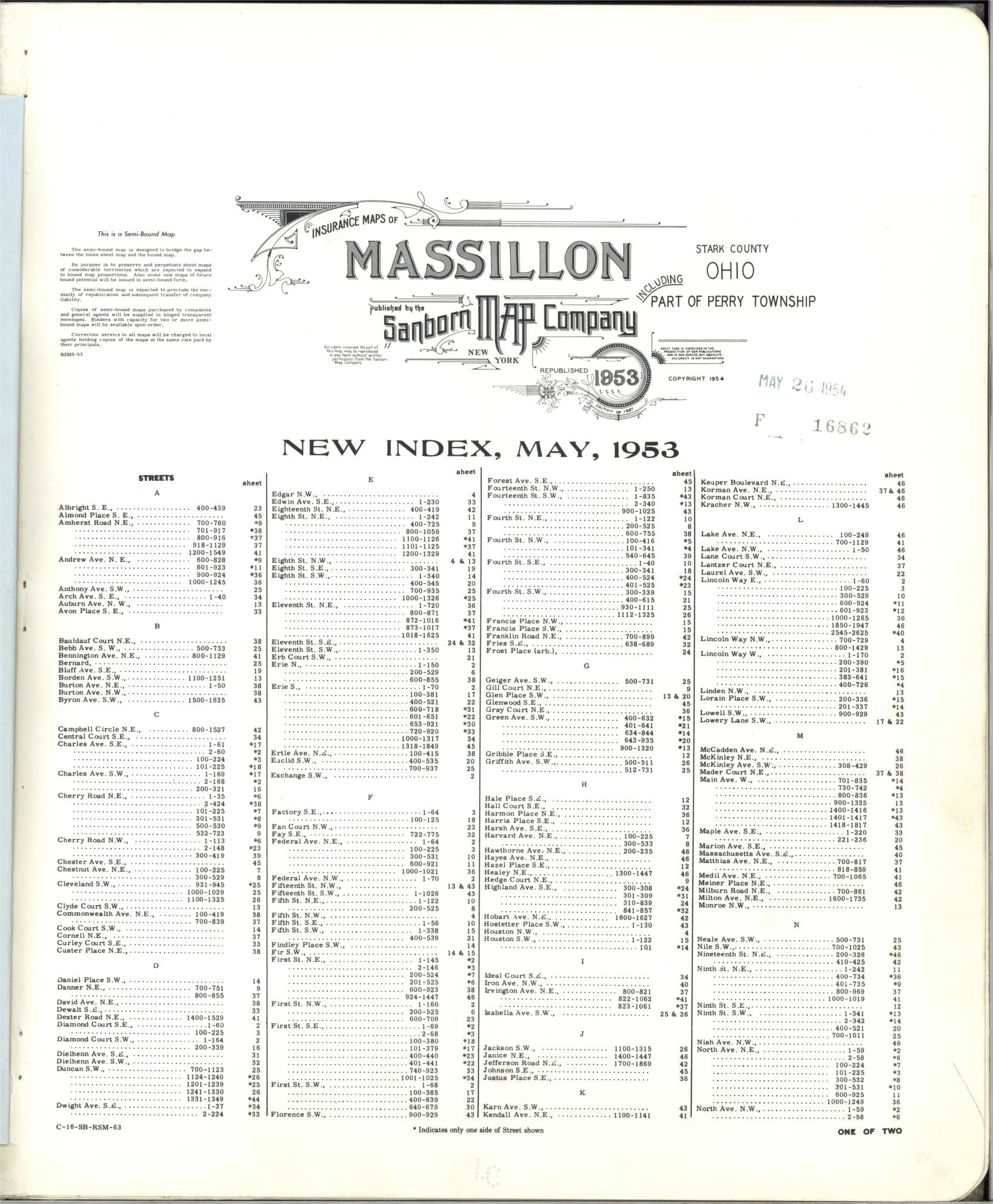 Sanborn Fire Insurance Map from Massillon, Stark County, Ohio (1953), Sheet #0001 - Historic Sanborn Fire Insurance Map Print, vintage old map wall art, antique decor, genealogy gift, Ohio Ohio map
