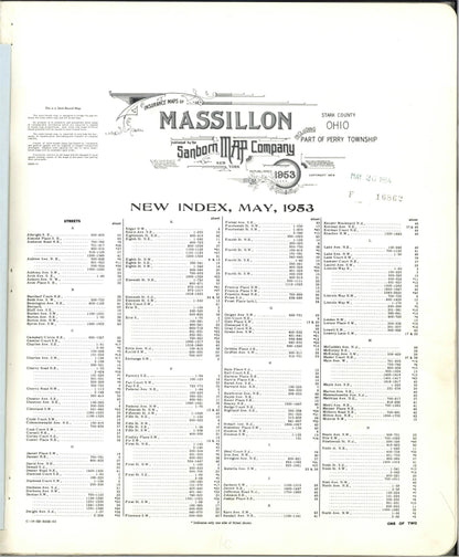 Sanborn Fire Insurance Map from Massillon, Stark County, Ohio (1953), Sheet #0001 - Historic Sanborn Fire Insurance Map Print, vintage old map wall art, antique decor, genealogy gift, Ohio Ohio map