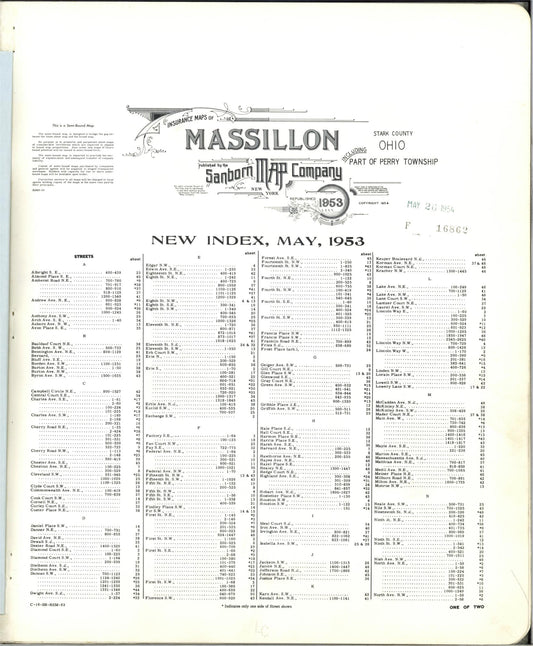 Sanborn Fire Insurance Map from Massillon, Stark County, Ohio (1953), Sheet #0001 - Historic Sanborn Fire Insurance Map Print, vintage old map wall art, antique decor, genealogy gift, Ohio Ohio map