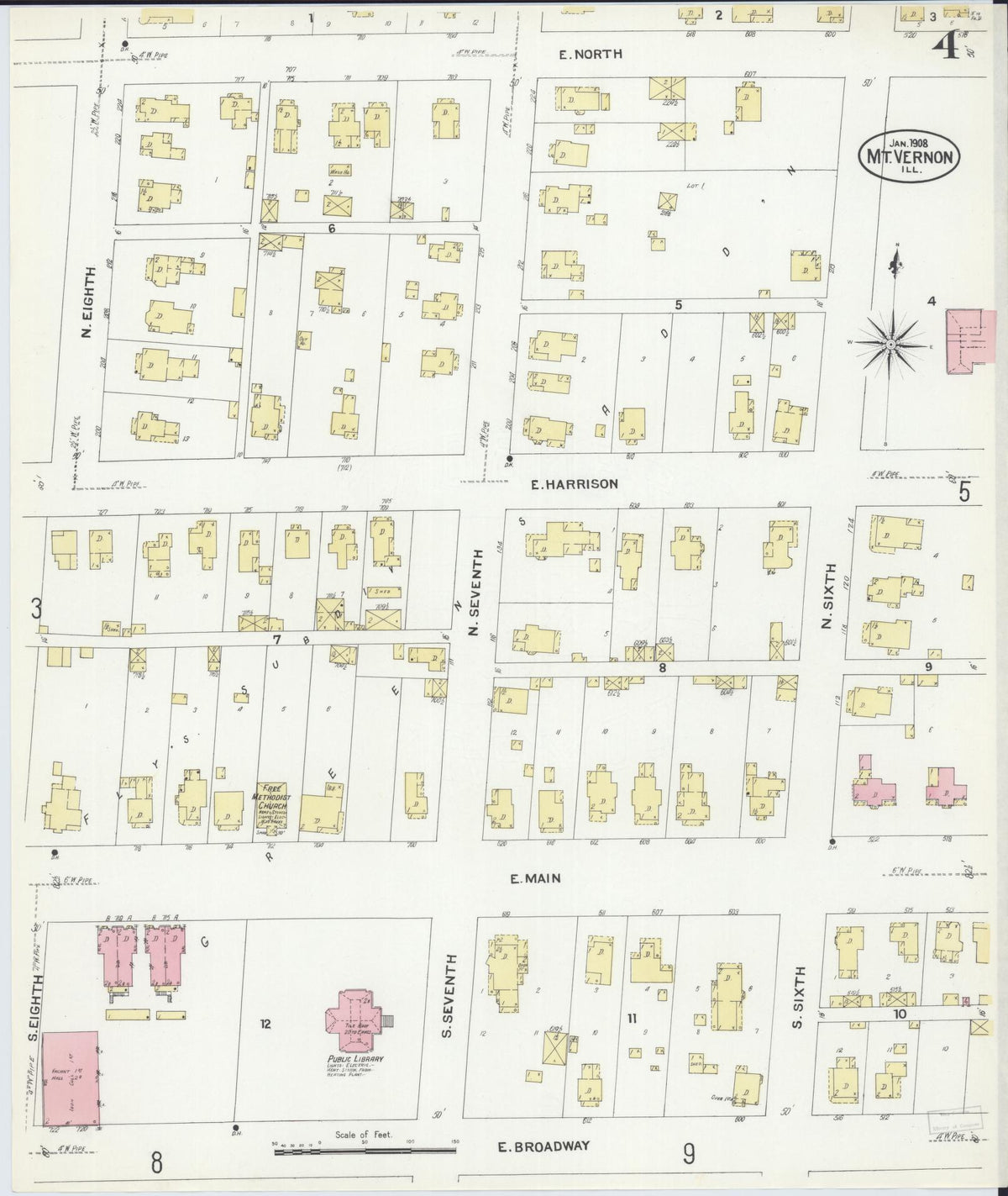 Sanborn Fire Insurance Map from Mount Vernon, Jefferson County, Illinois (1908), Sheet #0004 - Complete Map Set gallery image, historic Sanborn map, vintage wall art, Illinois Illinois