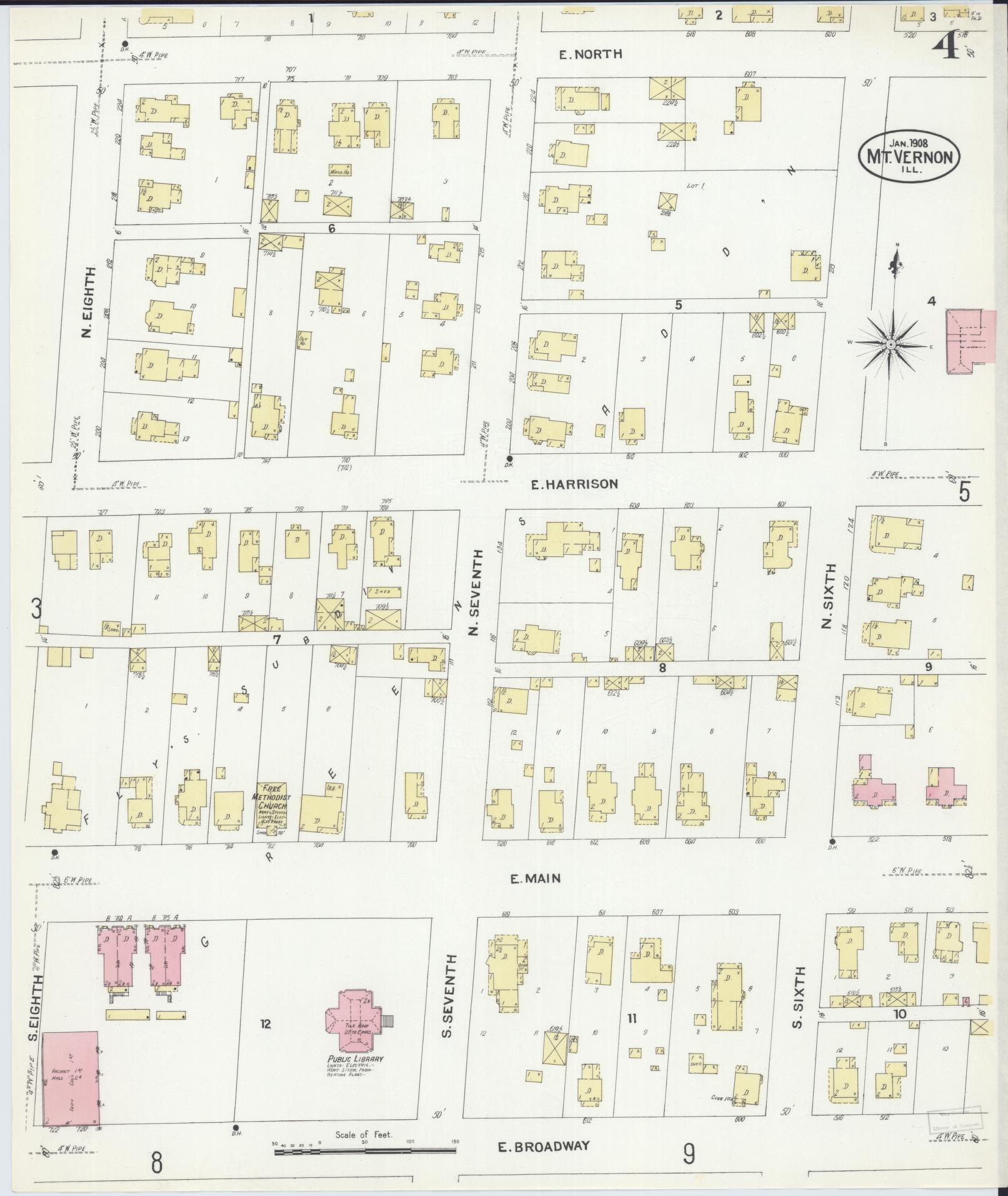 Sanborn Fire Insurance Map from Mount Vernon, Jefferson County, Illinois (1908), Sheet #0004 - Complete Map Set gallery image, historic Sanborn map, vintage wall art, Illinois Illinois