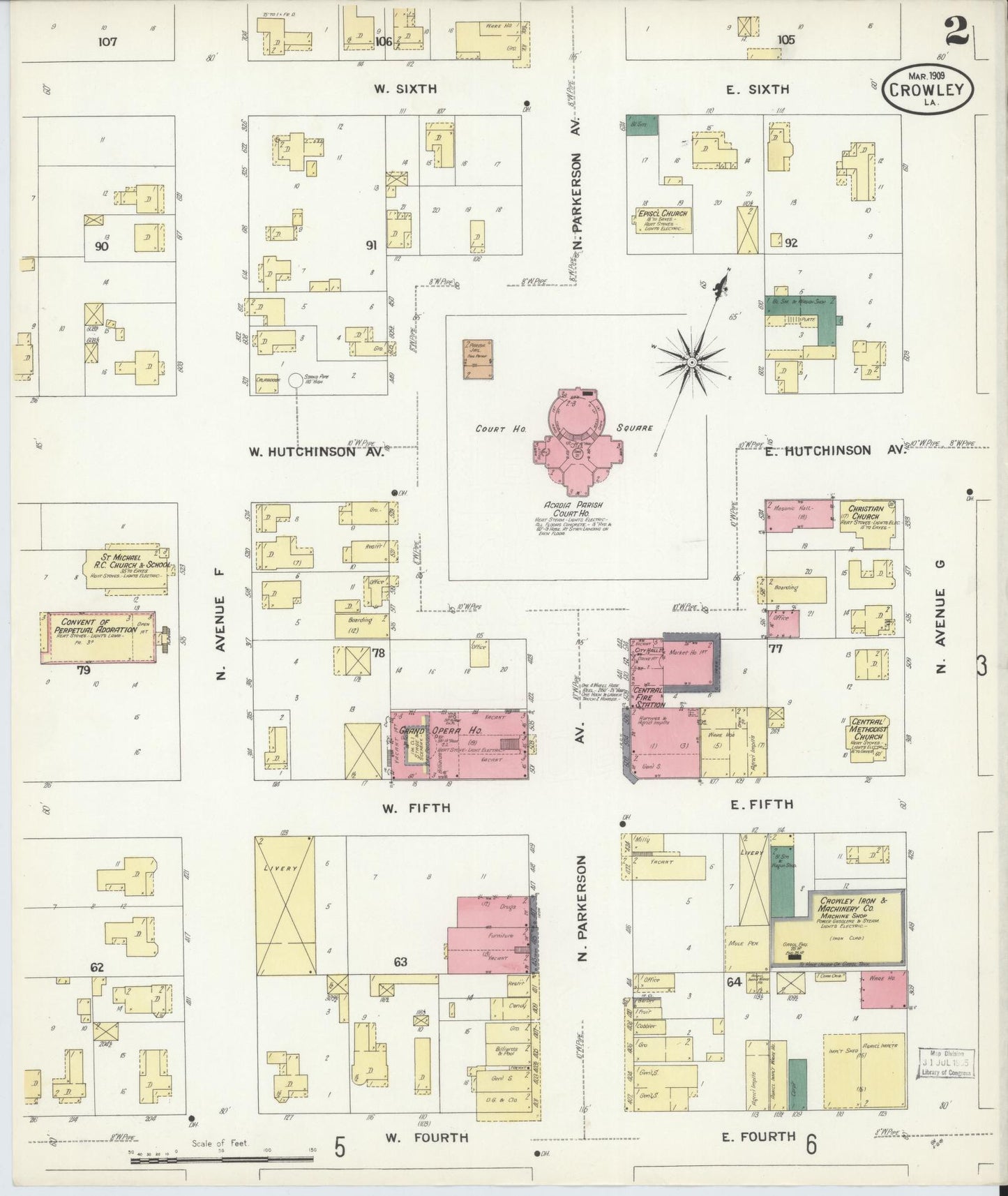 Sanborn Fire Insurance Map from Crowley, Acadia Parish, Louisiana (1909), Sheet #0002 - Complete Map Set gallery image, historic Sanborn map, vintage wall art, Louisiana Louisiana