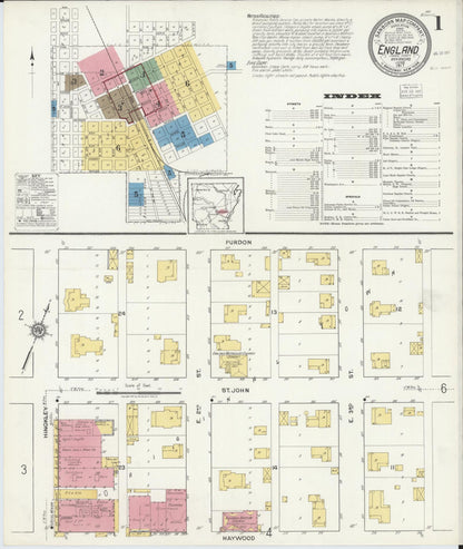 Sanborn Fire Insurance Map from England, Lonoke County, Arkansas (1917), Sheet #0001 - Complete Map Set gallery image, historic Sanborn map, vintage wall art, Arkansas Arkansas
