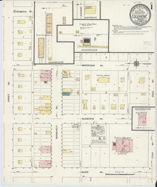 Sanborn Fire Insurance Map from Coleraine, Itasca County, Minnesota (1909), Sheet #0001 - Historic Sanborn Fire Insurance Map Print, vintage old map wall art, antique decor, genealogy gift, Minnesota Minnesota map