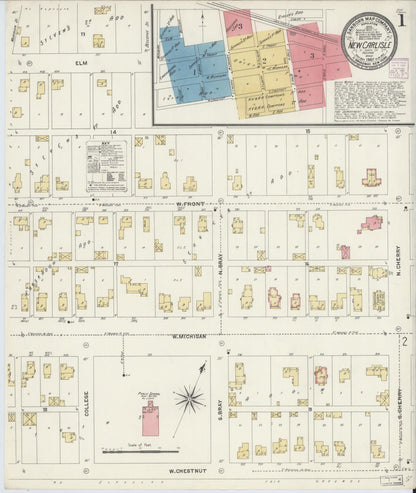 Sanborn Fire Insurance Map from New Carlisle, Saint Joseph County, Indiana (1907), Sheet #0001 - Complete Map Set gallery image, historic Sanborn map, vintage wall art, Indiana Indiana