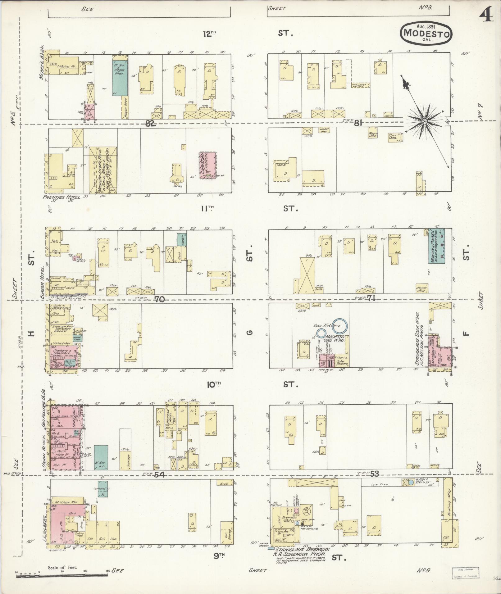 Sanborn Fire Insurance Map from Modesto, Stanislaus County, California (1891), Sheet #0004 - Historic Sanborn Fire Insurance Map Print, vintage old map wall art, antique decor, genealogy gift, California California map