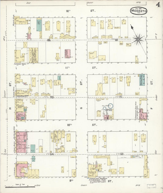 Sanborn Fire Insurance Map from Modesto, Stanislaus County, California (1891), Sheet #0004 - Historic Sanborn Fire Insurance Map Print, vintage old map wall art, antique decor, genealogy gift, California California map