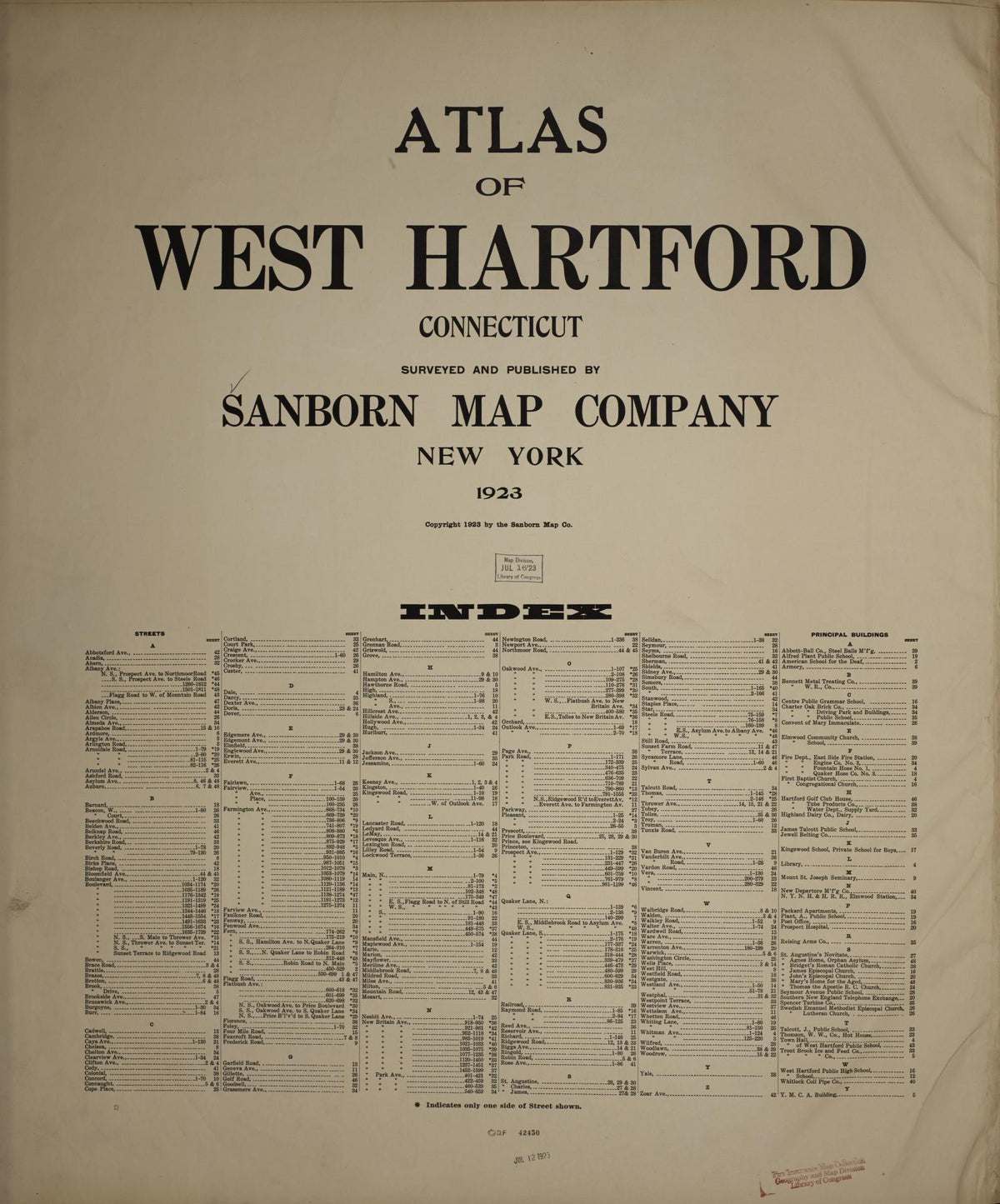 Sanborn Fire Insurance Map from West Hartford, Hartford County, Connecticut (1923), Sheet #0001 - Historic Sanborn Fire Insurance Map Print, vintage old map wall art, antique decor, genealogy gift, Connecticut Connecticut map