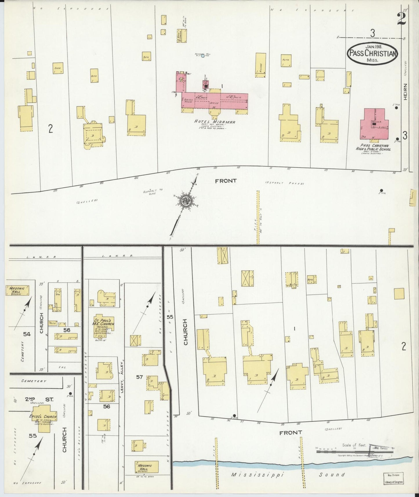 Sanborn Fire Insurance Map from Pass Christian, Harrison County, Mississippi (1918), Sheet #0002 - Complete Map Set gallery image, historic Sanborn map, vintage wall art, Mississippi Mississippi