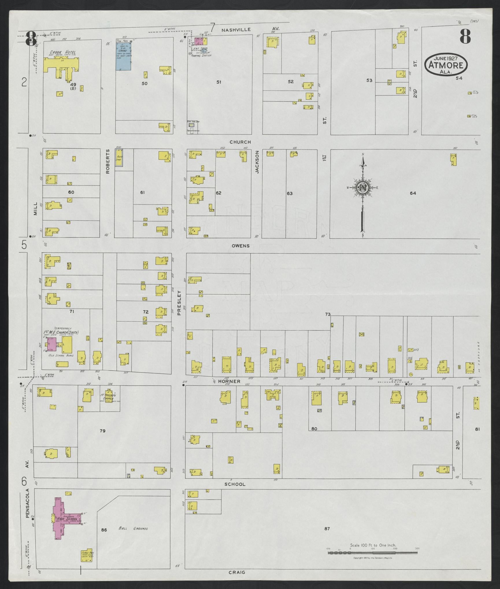 Sanborn Fire Insurance Map from Atmore, Escambia County, Alabama (1927), Sheet #0008 - Complete Map Set gallery image, historic Sanborn map, vintage wall art, Alabama Alabama