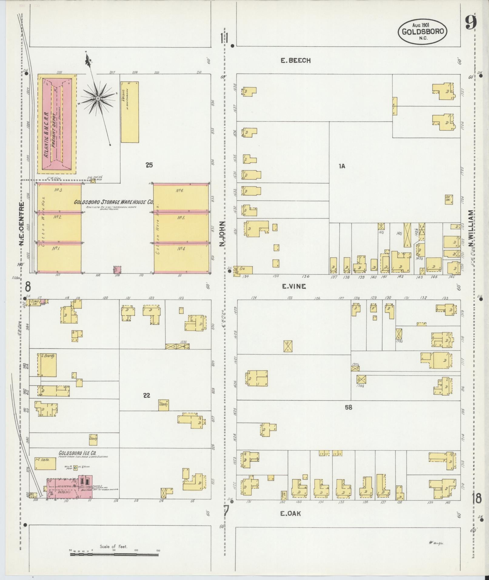 Sanborn Fire Insurance Map from Goldsboro, Wayne County, North Carolina (1901), Sheet #0009 - Complete Map Set gallery image, historic Sanborn map, vintage wall art, North Carolina North Carolina