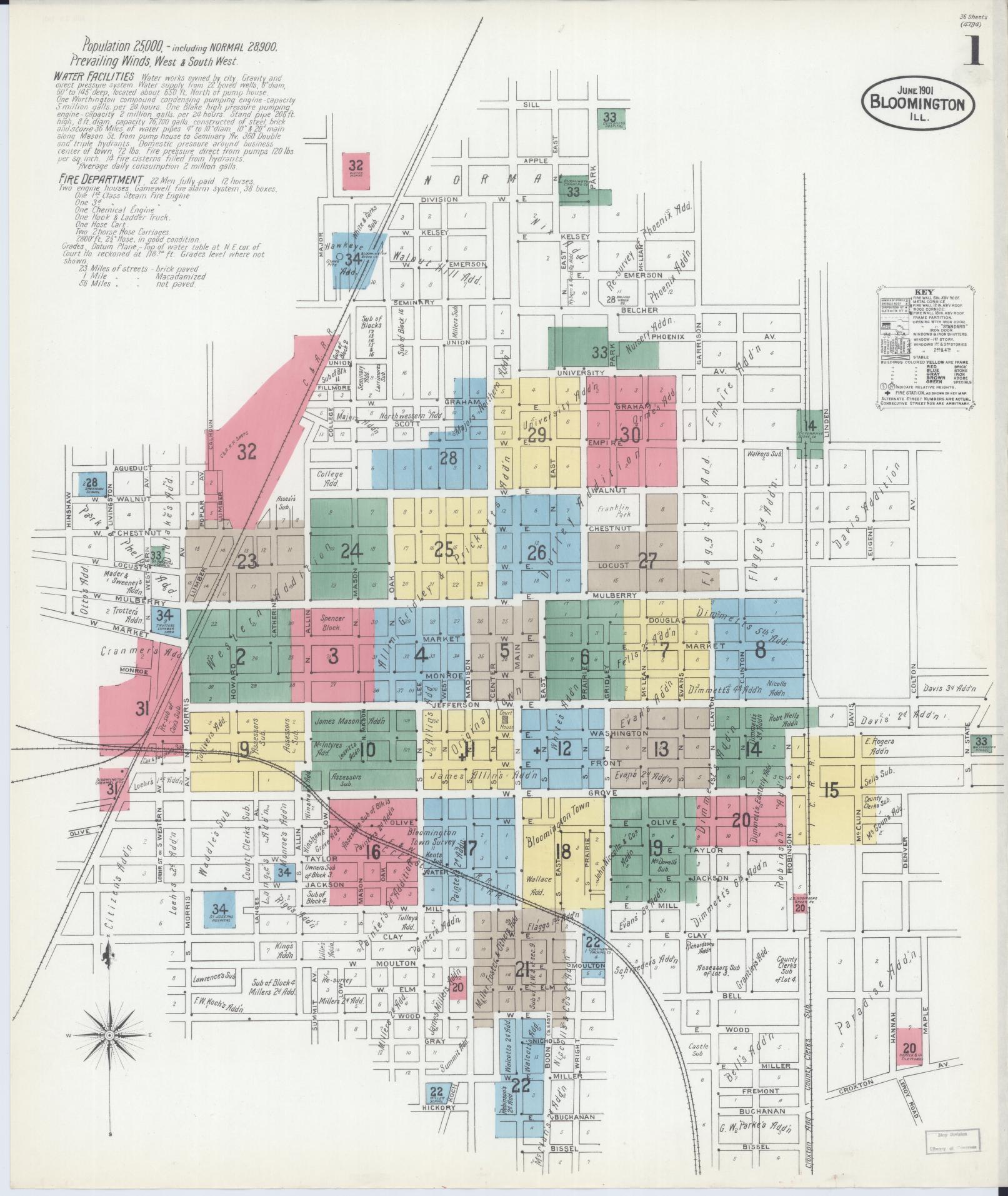 Sanborn Fire Insurance Map from Bloomington, McLean County, Illinois (1901), Sheet #0001 - Complete Map Set gallery image, historic Sanborn map, vintage wall art, Illinois Illinois