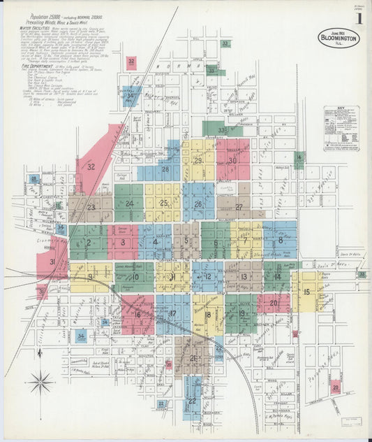 Sanborn Fire Insurance Map from Bloomington, McLean County, Illinois (1901), Sheet #0001 - Complete Map Set gallery image, historic Sanborn map, vintage wall art, Illinois Illinois