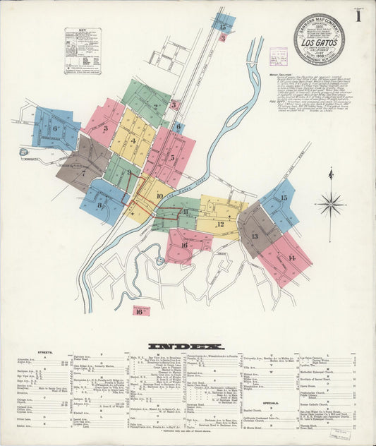 Sanborn Fire Insurance Map from Los Gatos, Santa Clara County, California (1908), Sheet #0001 - Complete Map Set gallery image, historic Sanborn map, vintage wall art, California California
