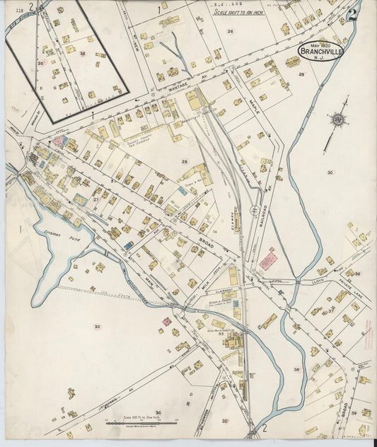 Sanborn Fire Insurance Map from Branchville, Sussex County, New Jersey (1934), Sheet #0002 - Historic Sanborn Fire Insurance Map Print, vintage old map wall art, antique decor, genealogy gift, New Jersey New Jersey map