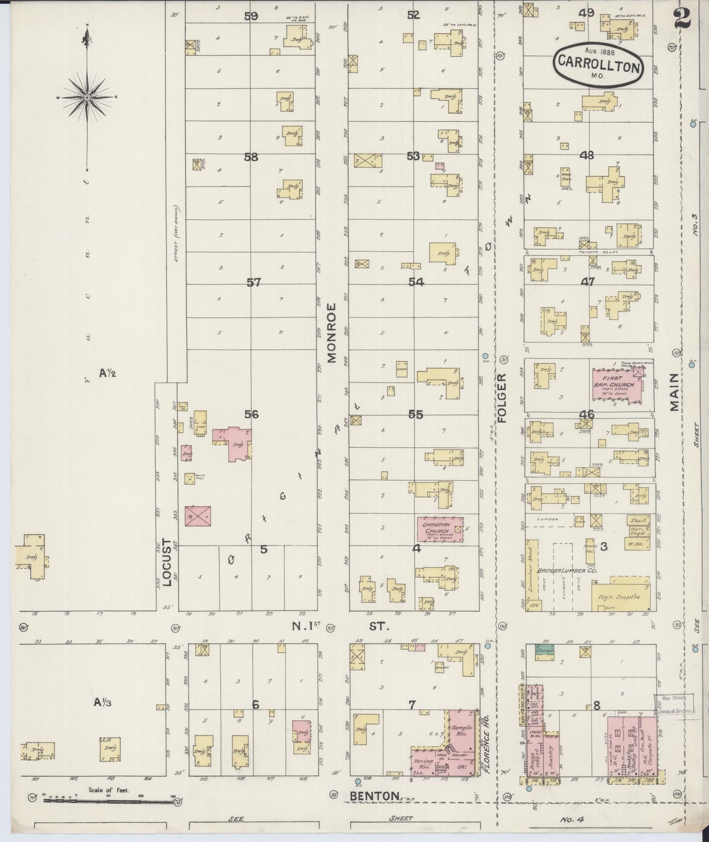 Sanborn Fire Insurance Map from Carrollton, Carroll County, Missouri (1888), Sheet #0002 - Complete Map Set gallery image, historic Sanborn map, vintage wall art, Missouri Missouri