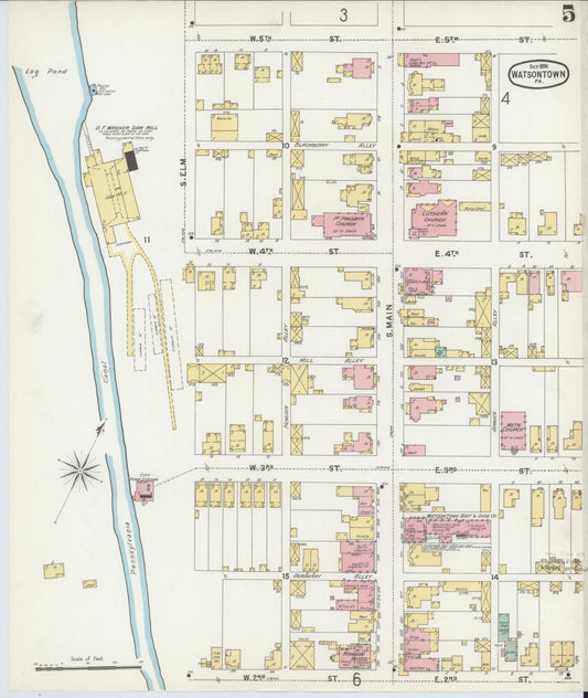 Sanborn Fire Insurance Map from Watsontown, Northumberland County, Pennsylvania (1896), Sheet #0005 - Historic Sanborn Fire Insurance Map Print, vintage old map wall art, antique decor, genealogy gift, Pennsylvania Pennsylvania map