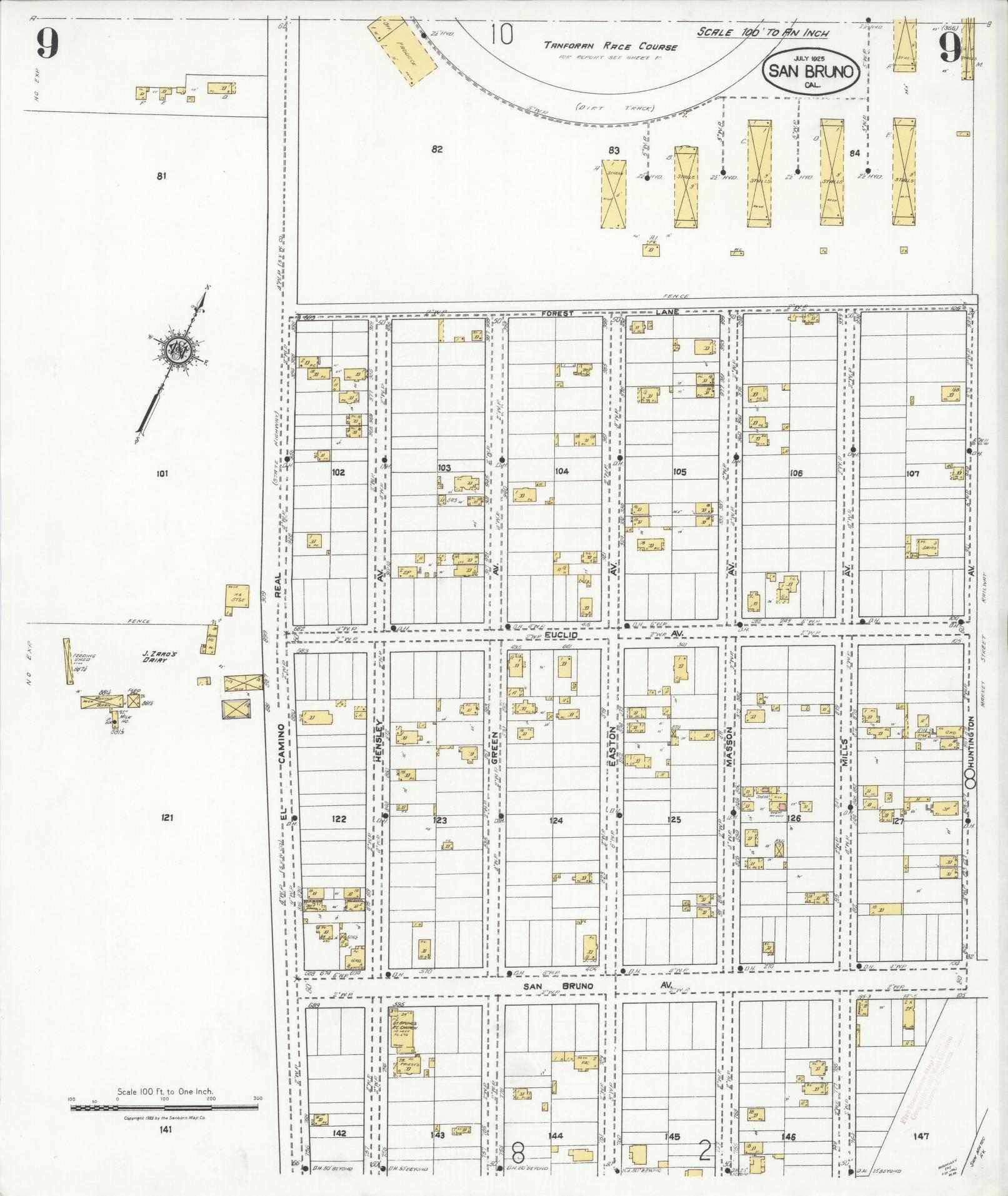 Sanborn Fire Insurance Map from San Bruno, San Mateo County, California (1925), Sheet #0009 - Complete Map Set gallery image, historic Sanborn map, vintage wall art, California California