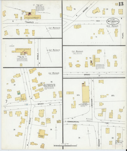 Sanborn Fire Insurance Map from Weymouth, Norfolk County, Massachusetts (1899), Sheet #0013 - Historic Sanborn Fire Insurance Map Print, vintage old map wall art, antique decor, genealogy gift, Massachusetts Massachusetts map